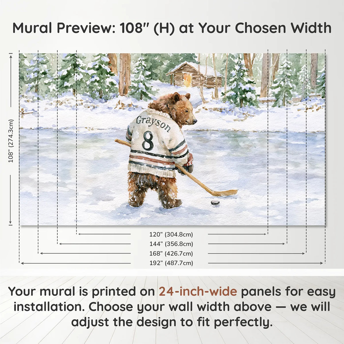Panel layout and dimensions for Hockey Bear Jersey Personalized Wall Mural by Whimsy Tots
