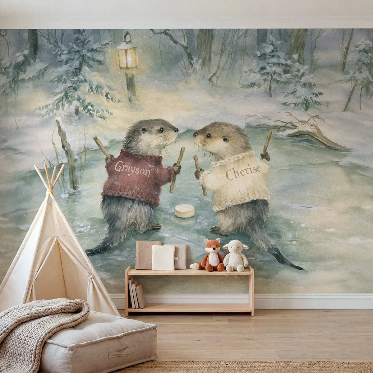 Storybook two otters hockey personalized wall mural with lettered sibling sweater backs by Whimsy Tots
