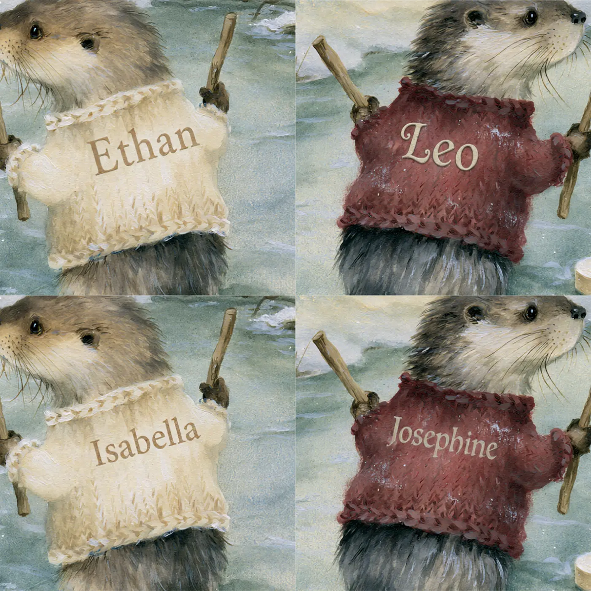 Four name preview examples of Pond Hockey Otters Personalized Wall Mural by Whimsy Tots