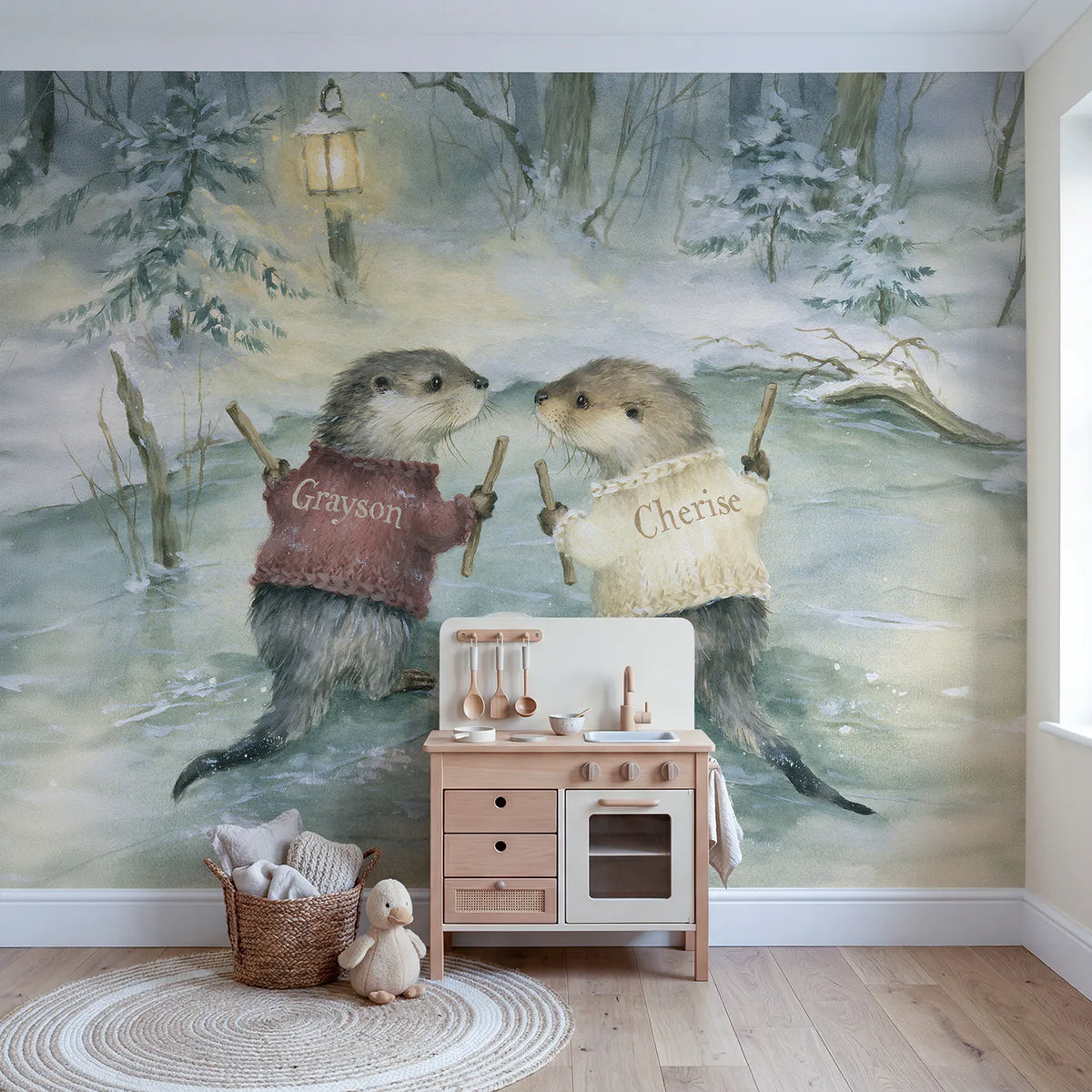 Pond Hockey Otters Personalized Wall Mural in playroom setting by Whimsy Tots