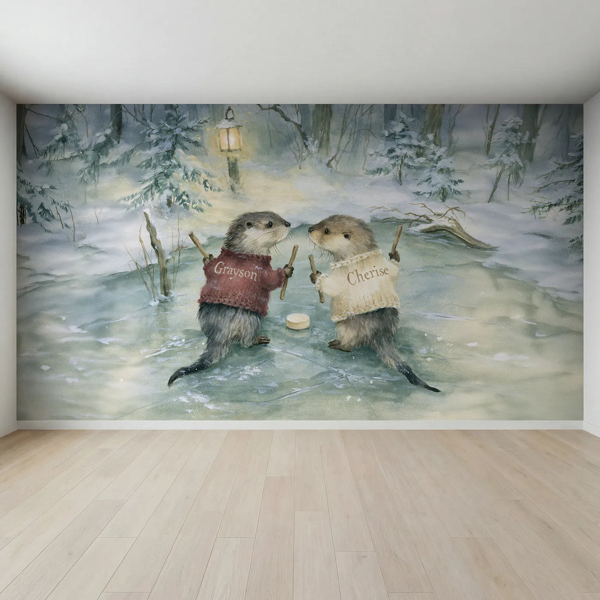 Full view of Pond Hockey Otters Personalized Wall Mural by Whimsy Tots
