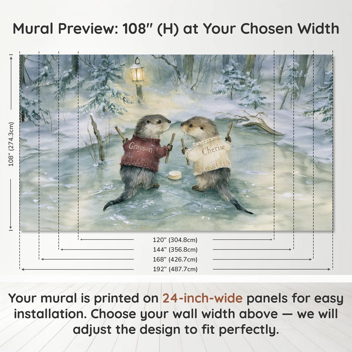 Panel layout and dimensions for Pond Hockey Otters Personalized Wall Mural by Whimsy Tots