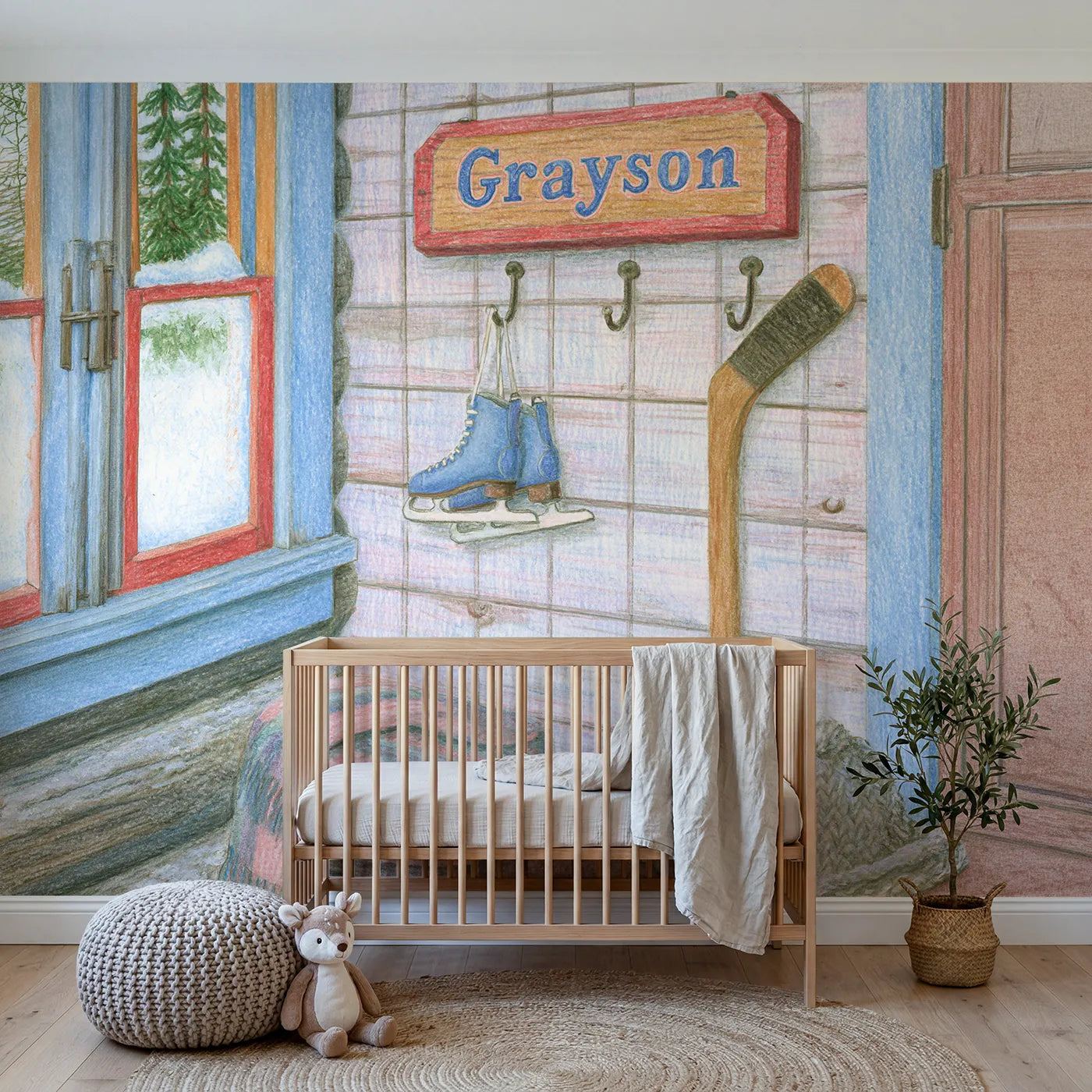 Colored pencil cabin mudroom personalized wall mural with drawn plank wall plaque by Whimsy Tots