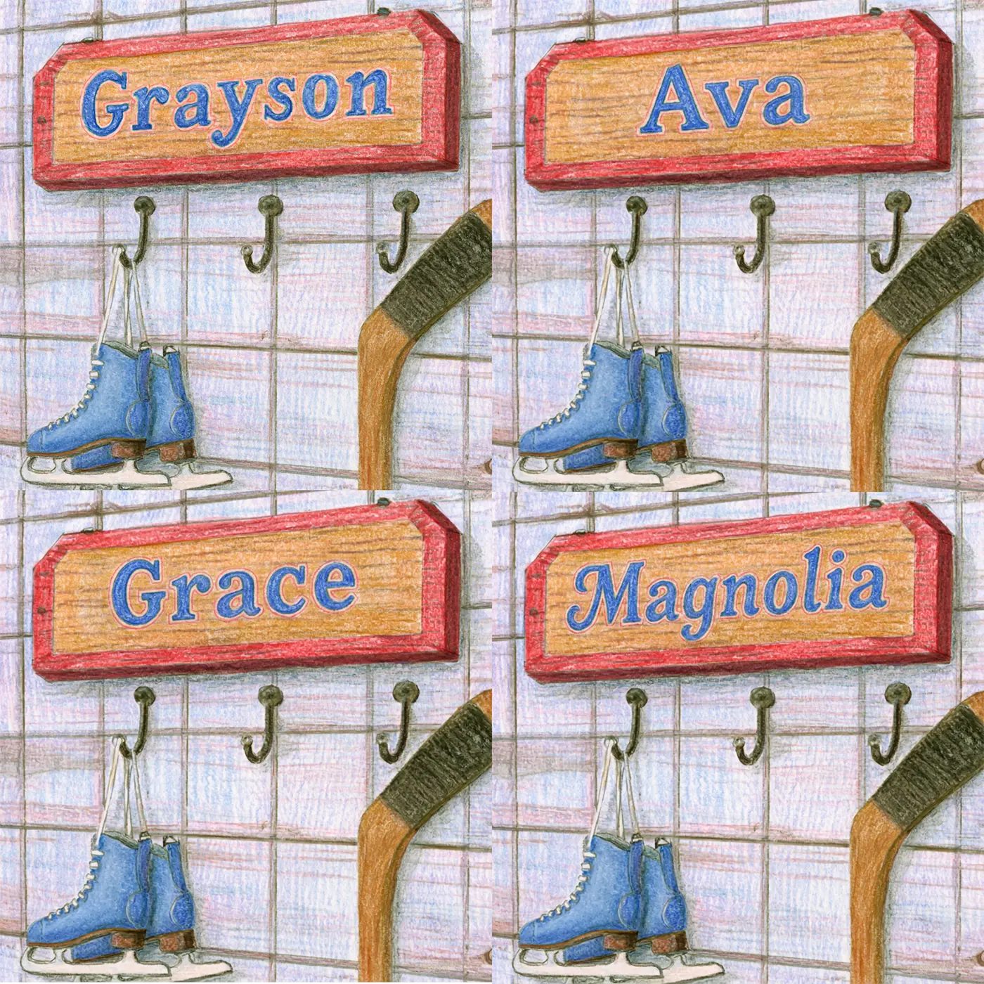 Four name preview examples of Hockey Gear Hooks Personalized Wall Mural by Whimsy Tots