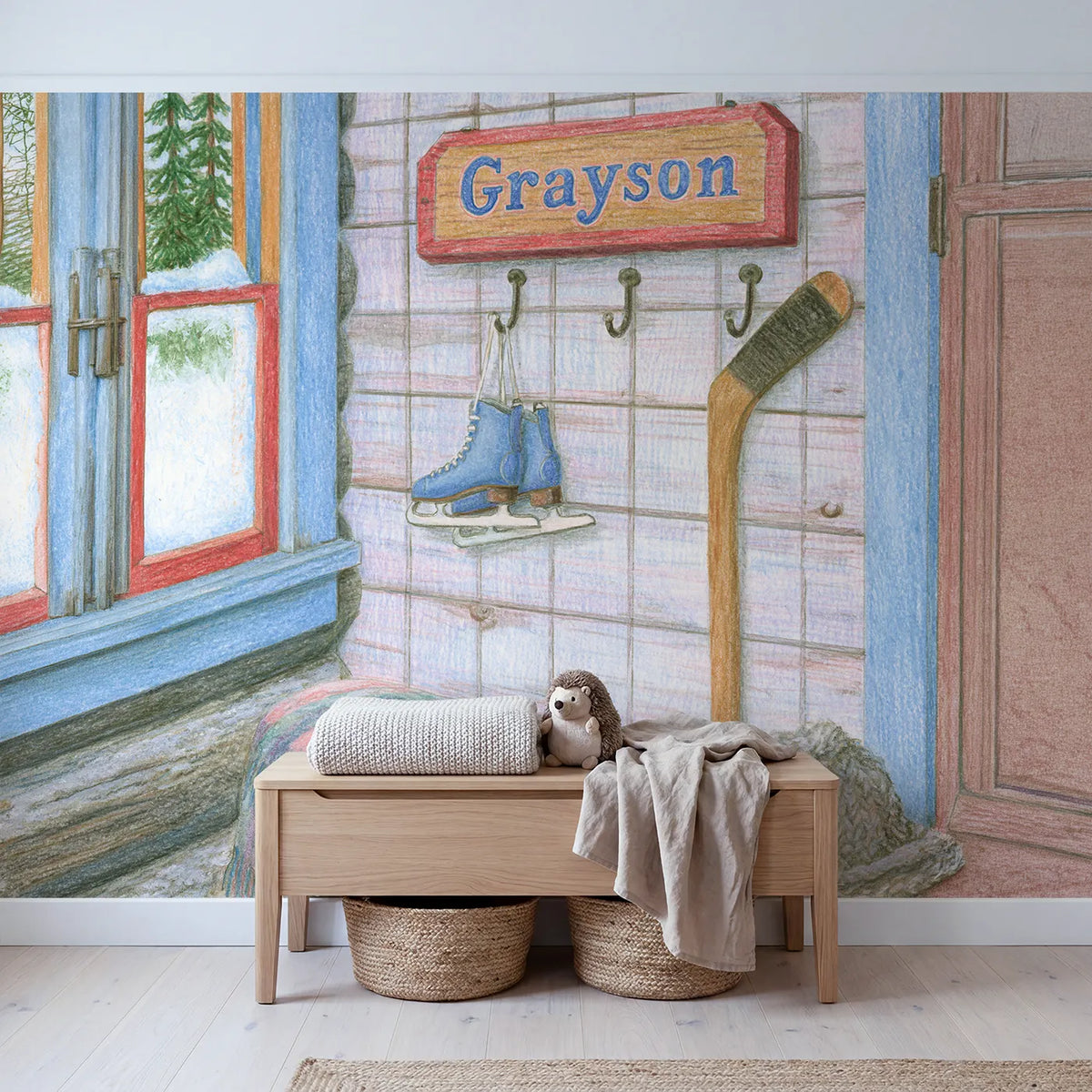 Hockey Gear Hooks Personalized Wall Mural in playroom setting by Whimsy Tots
