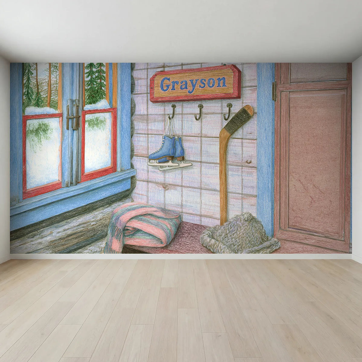 Full view of Hockey Gear Hooks Personalized Wall Mural by Whimsy Tots