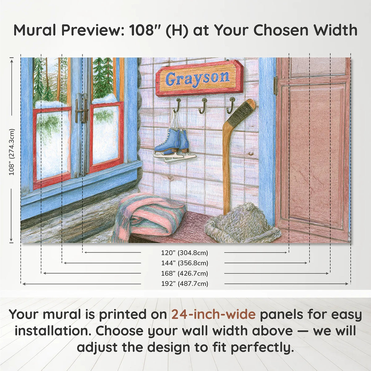 Panel layout and dimensions for Hockey Gear Hooks Personalized Wall Mural by Whimsy Tots