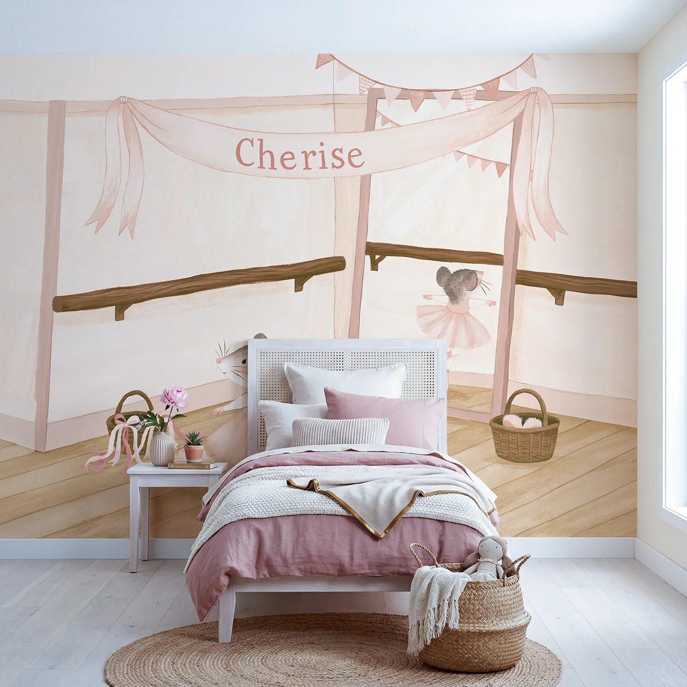 Modern illustration mouse ballerina personalized wall mural with lettered ribbon banner by Whimsy Tots