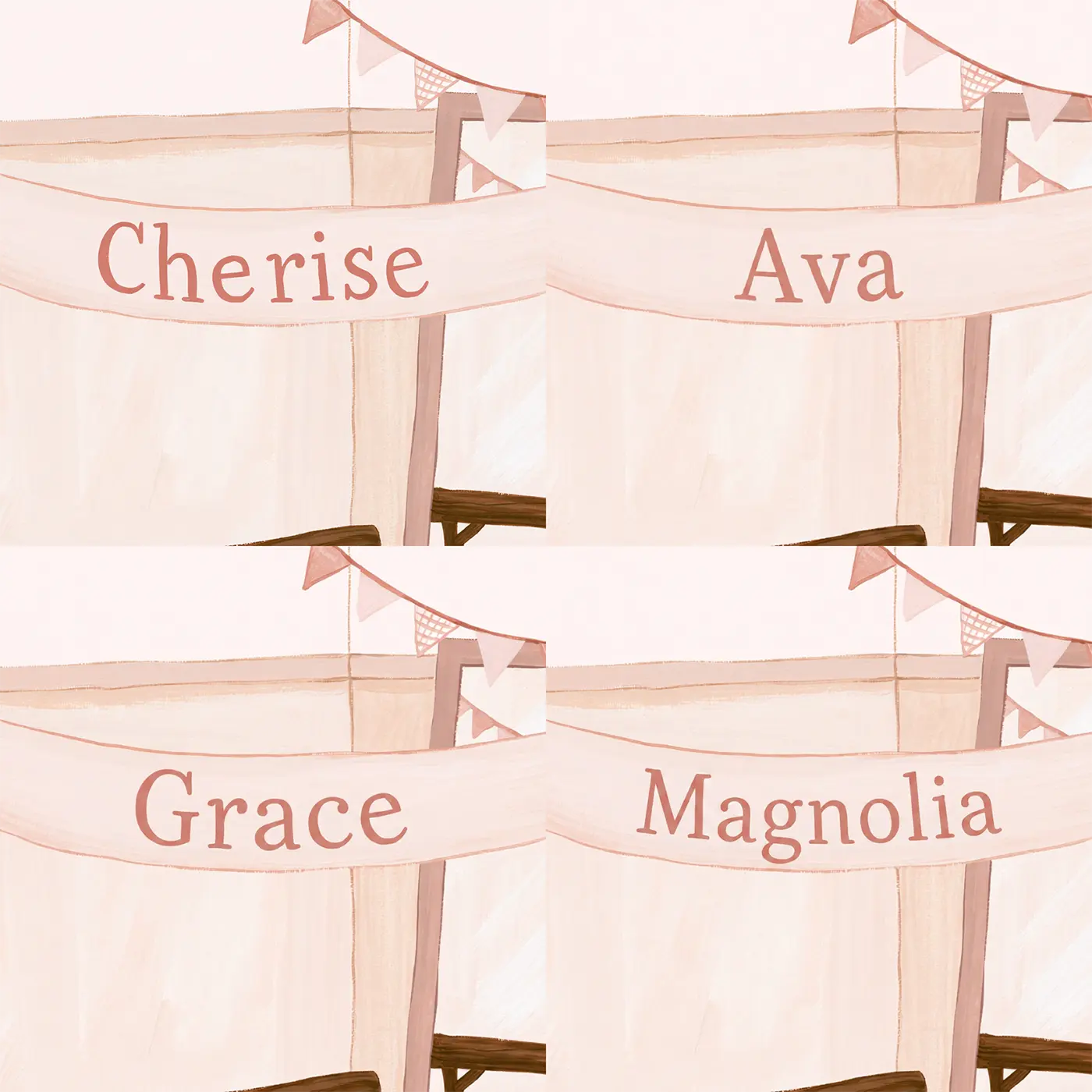 Four name preview examples of Ballet Ribbon Banner Personalized Wall Mural by Whimsy Tots