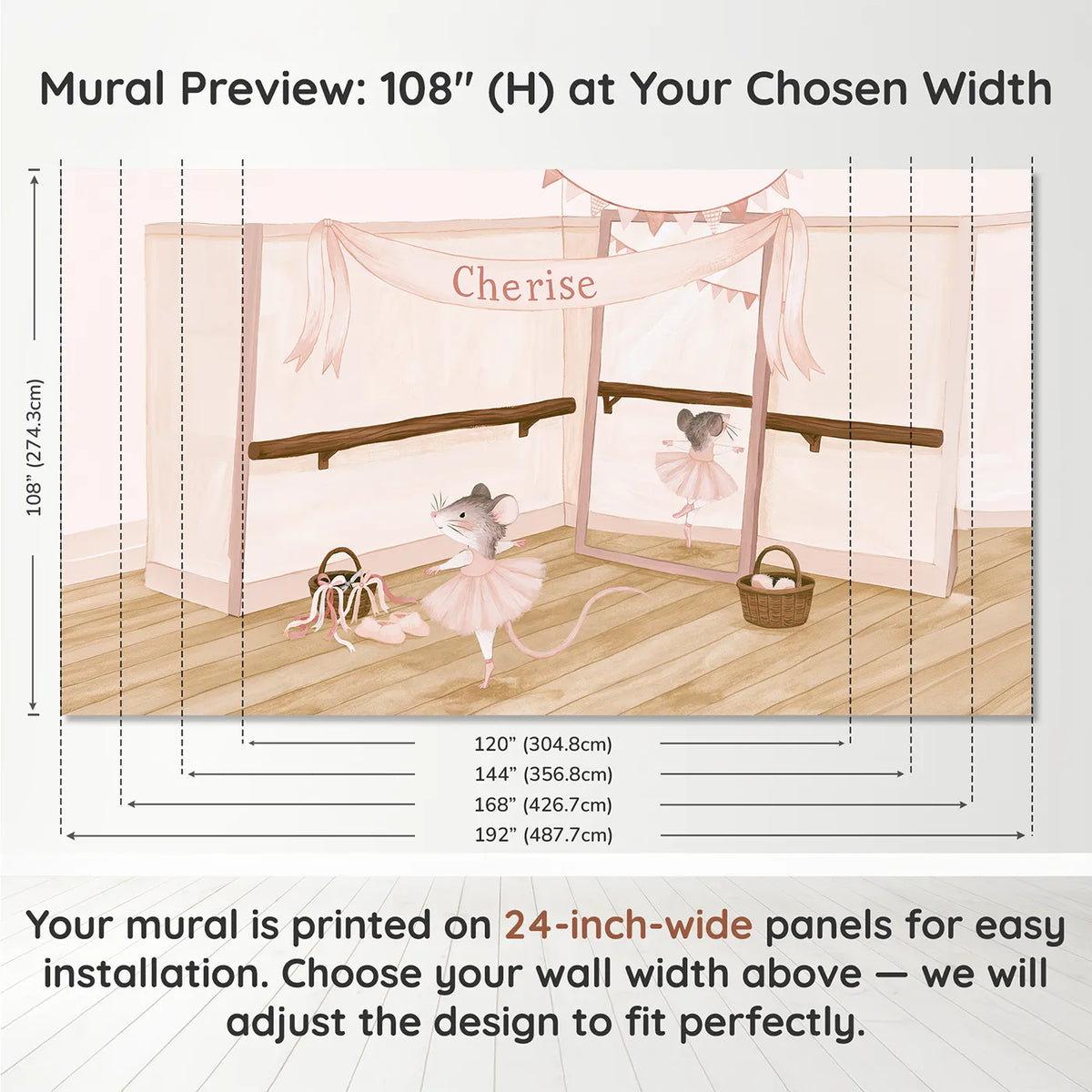 Panel layout and dimensions for Ballet Ribbon Banner Personalized Wall Mural by Whimsy Tots