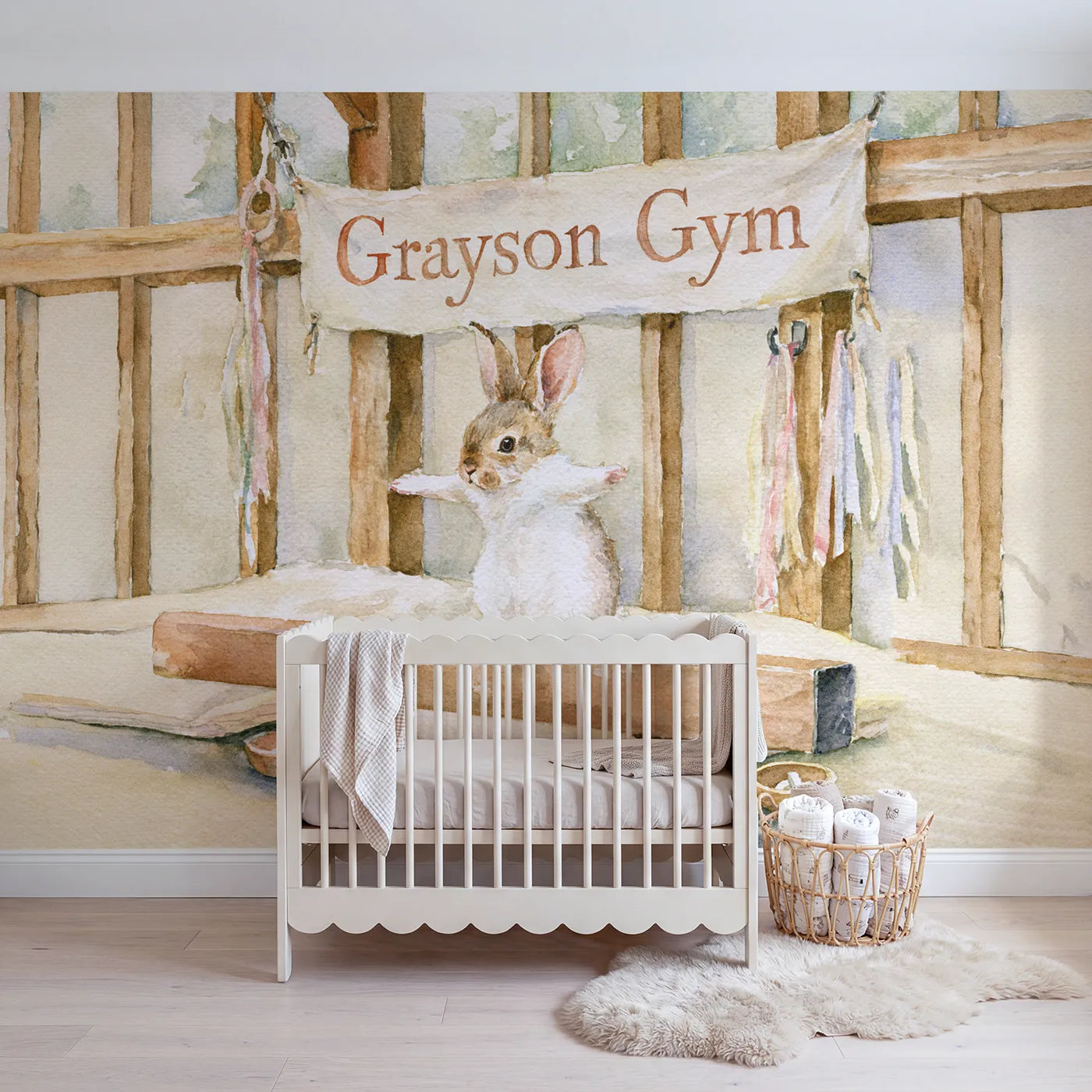 Watercolor bunny gymnastics beam personalized wall mural with brushed hall banner by Whimsy Tots