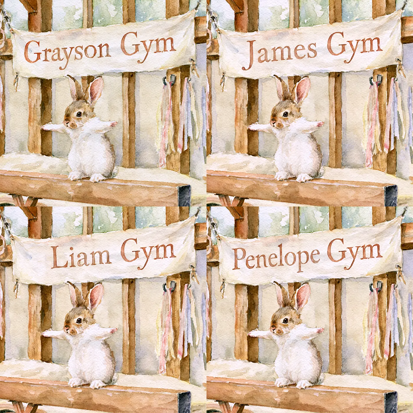 Four name preview examples of Gymnastics Bunny Beam Personalized Wall Mural by Whimsy Tots
