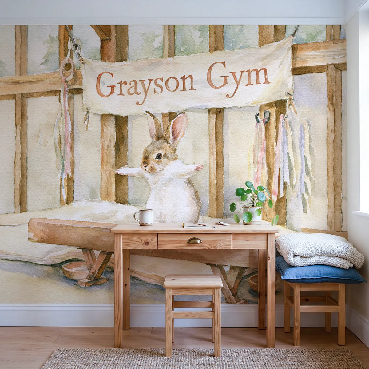 Gymnastics Bunny Beam Personalized Wall Mural in playroom setting by Whimsy Tots