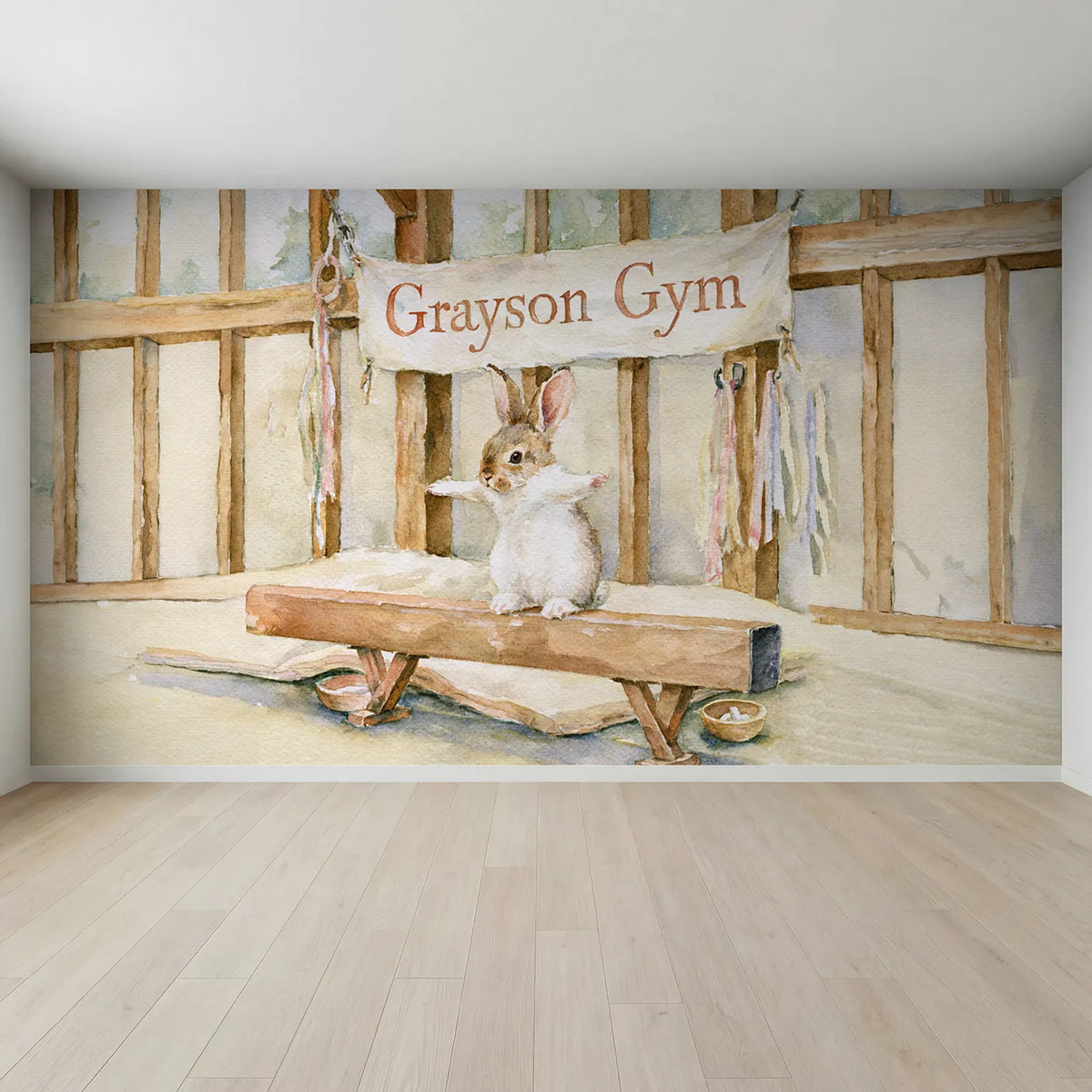 Full view of Gymnastics Bunny Beam Personalized Wall Mural by Whimsy Tots