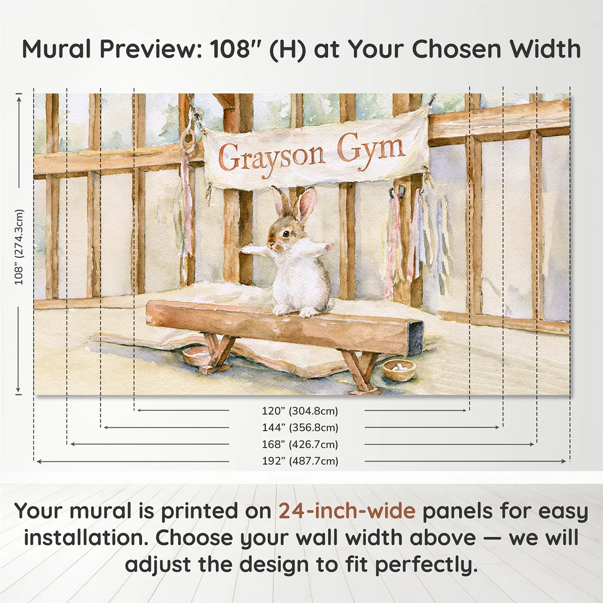 Panel layout and dimensions for Gymnastics Bunny Beam Personalized Wall Mural by Whimsy Tots