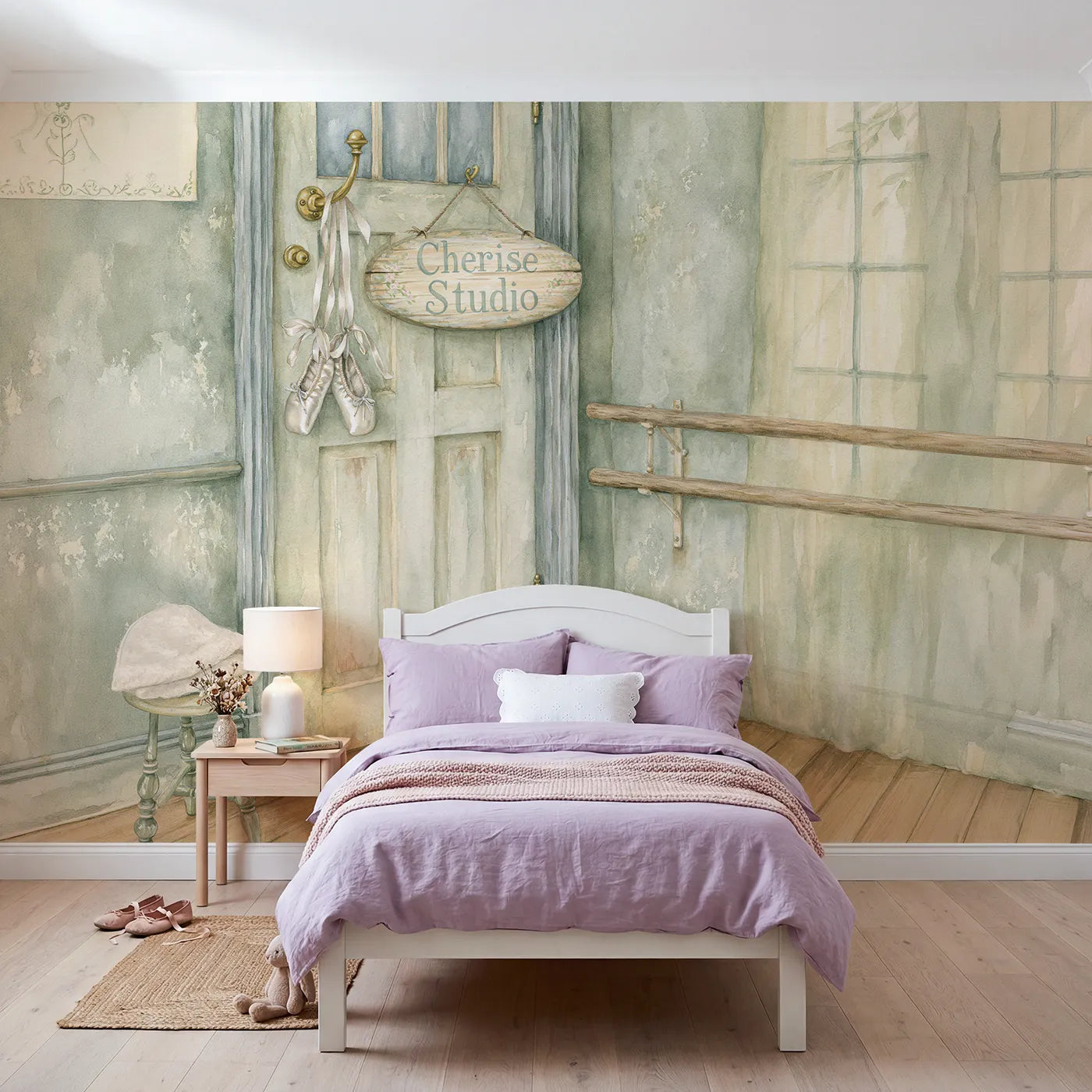 Storybook dance studio corner personalized wall mural with painted door plaque by Whimsy Tots