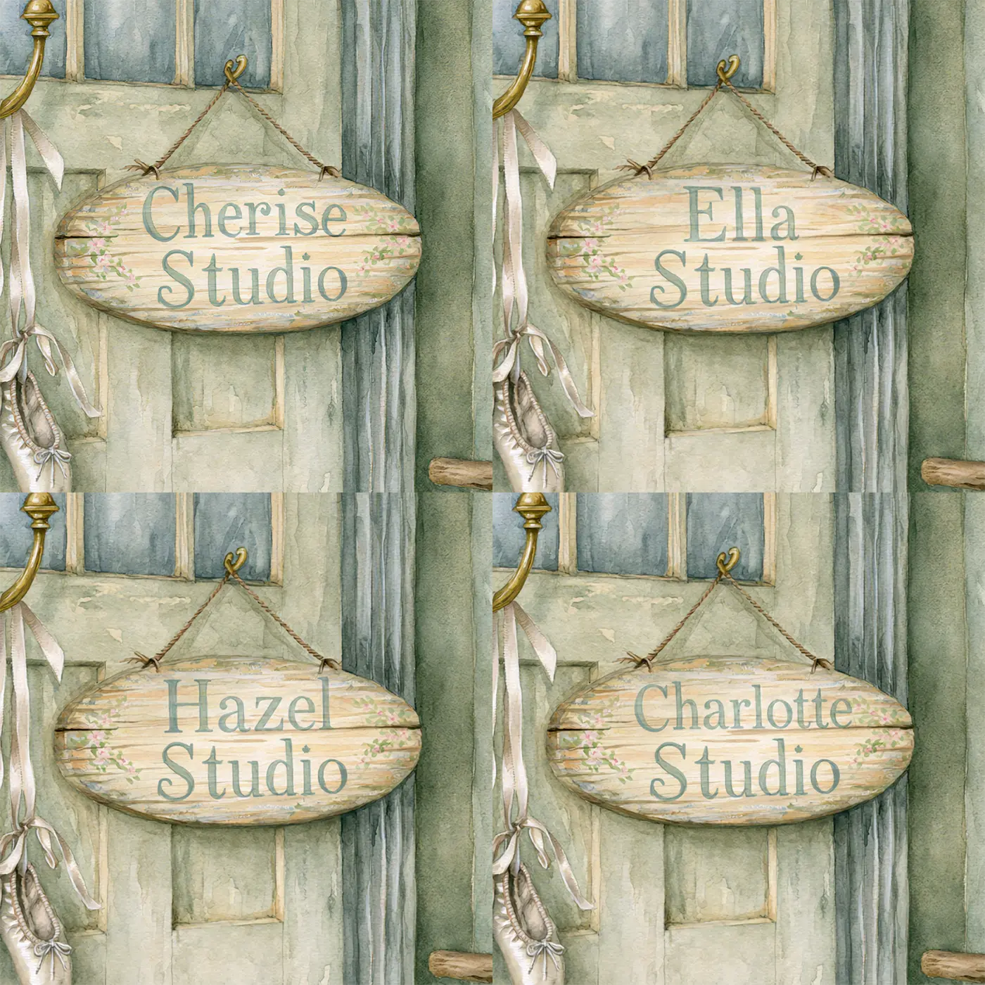 Four name preview examples of Dance Studio Plaque Personalized Wall Mural by Whimsy Tots