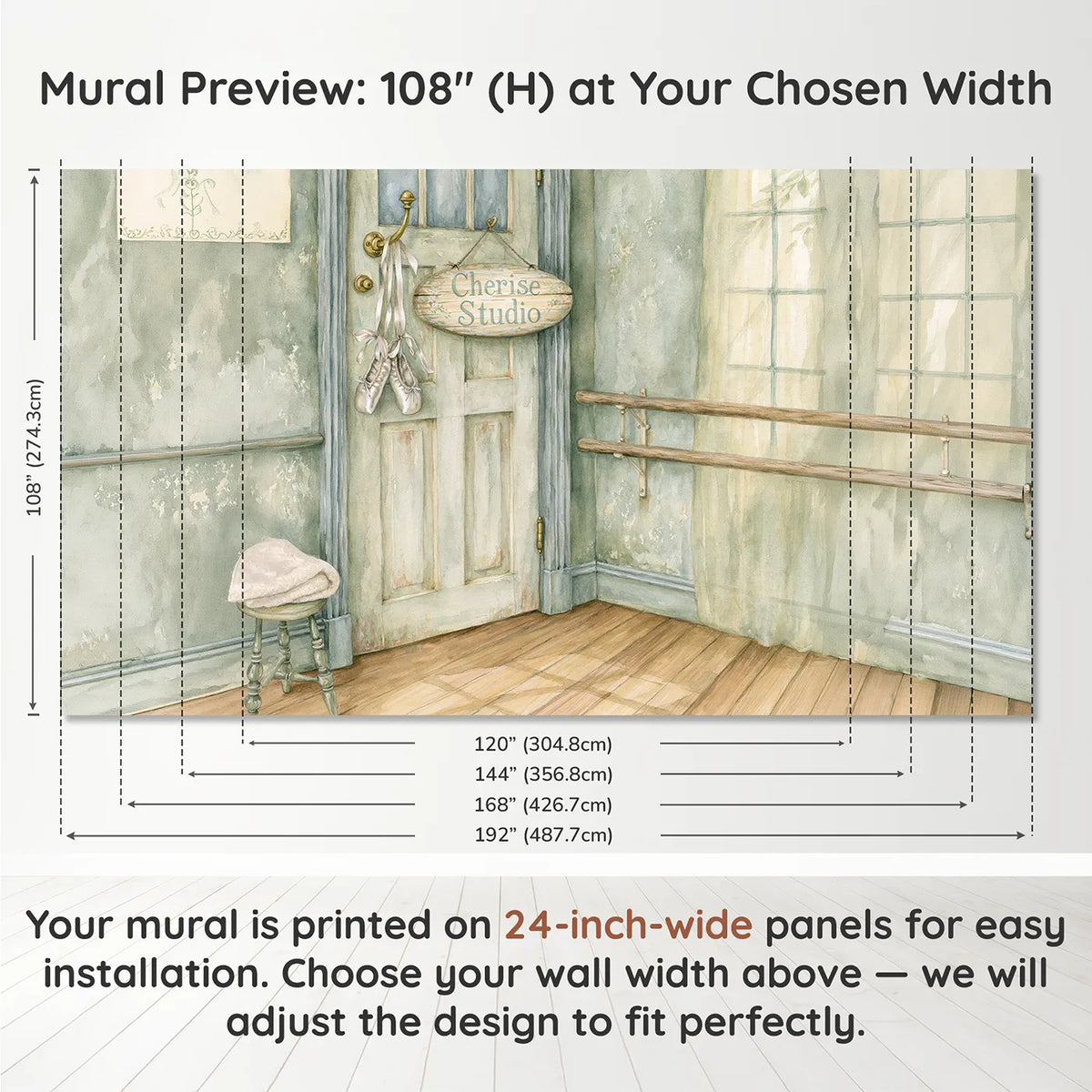 Panel layout and dimensions for Dance Studio Plaque Personalized Wall Mural by Whimsy Tots