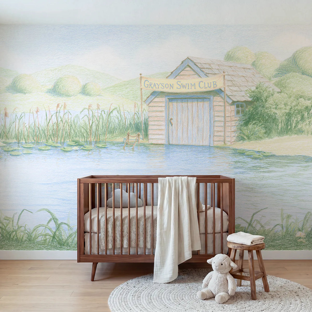 Colored pencil duck family lake personalized wall mural with drawn boathouse banner by Whimsy Tots