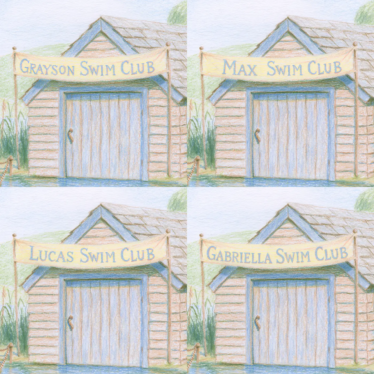 Four name preview examples of Swim Club Ducklings Personalized Wall Mural by Whimsy Tots