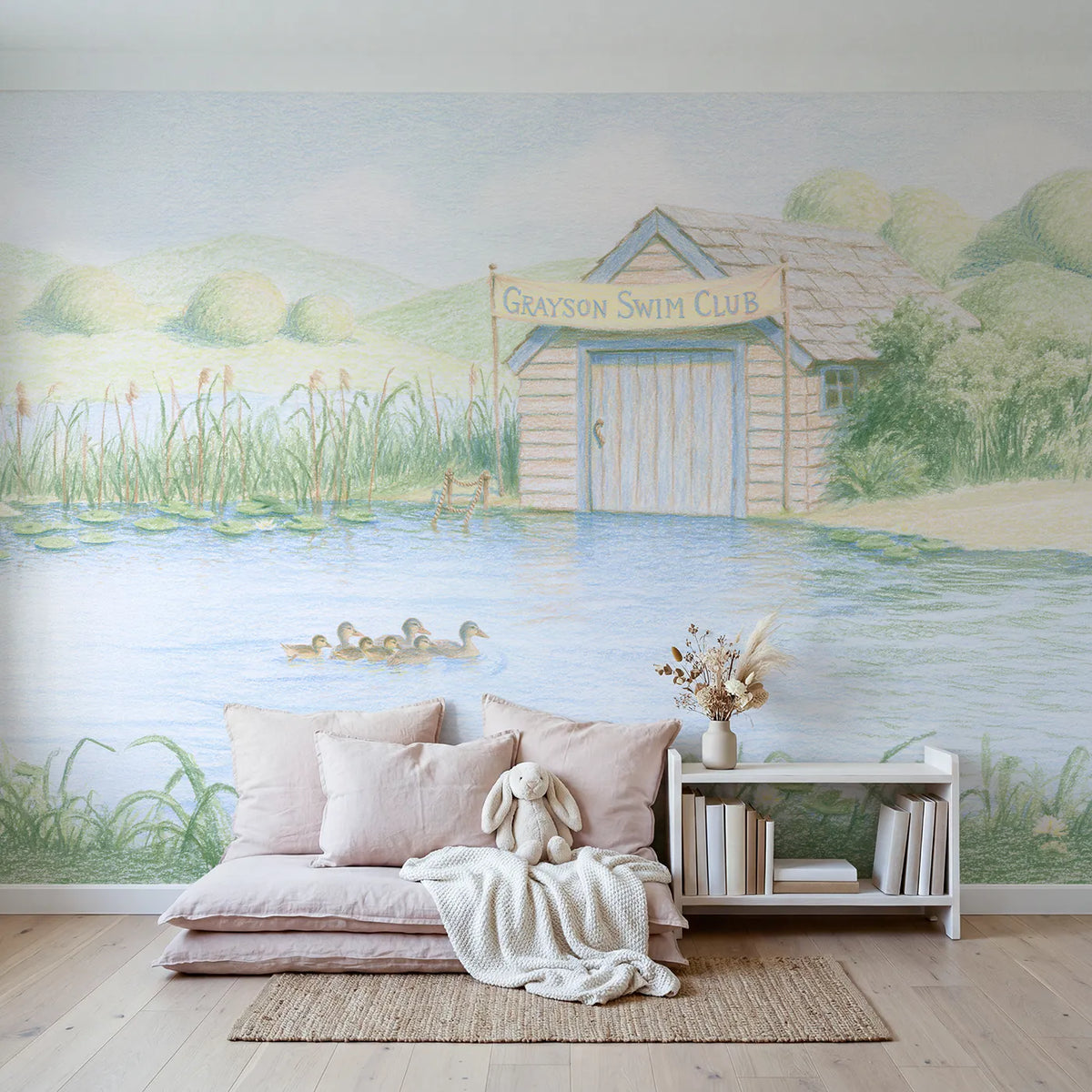 Swim Club Ducklings Personalized Wall Mural in playroom setting by Whimsy Tots