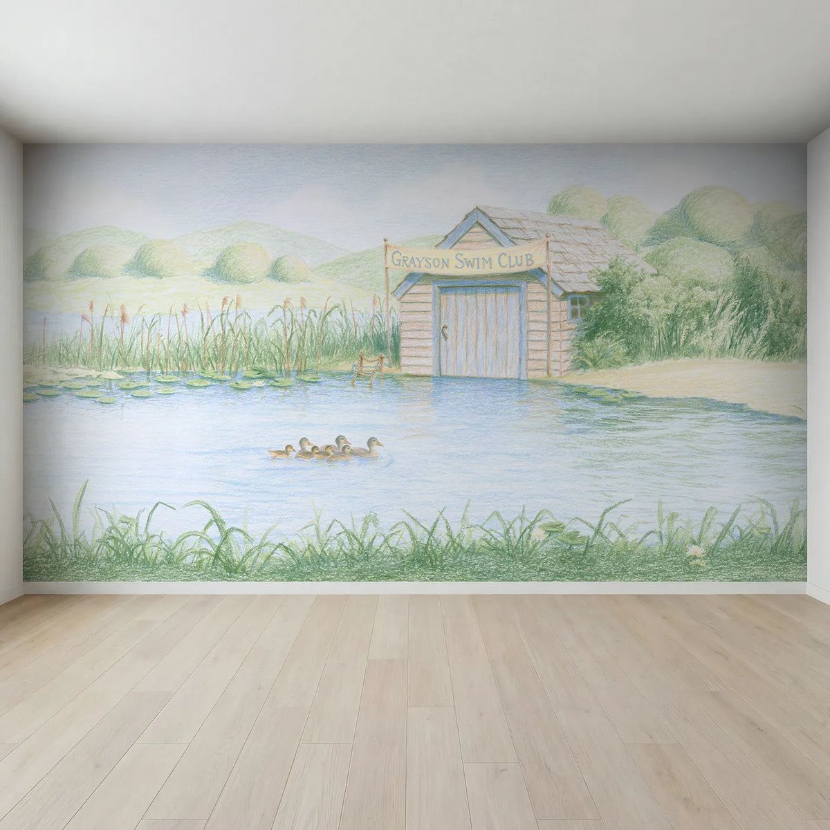 Full view of Swim Club Ducklings Personalized Wall Mural by Whimsy Tots