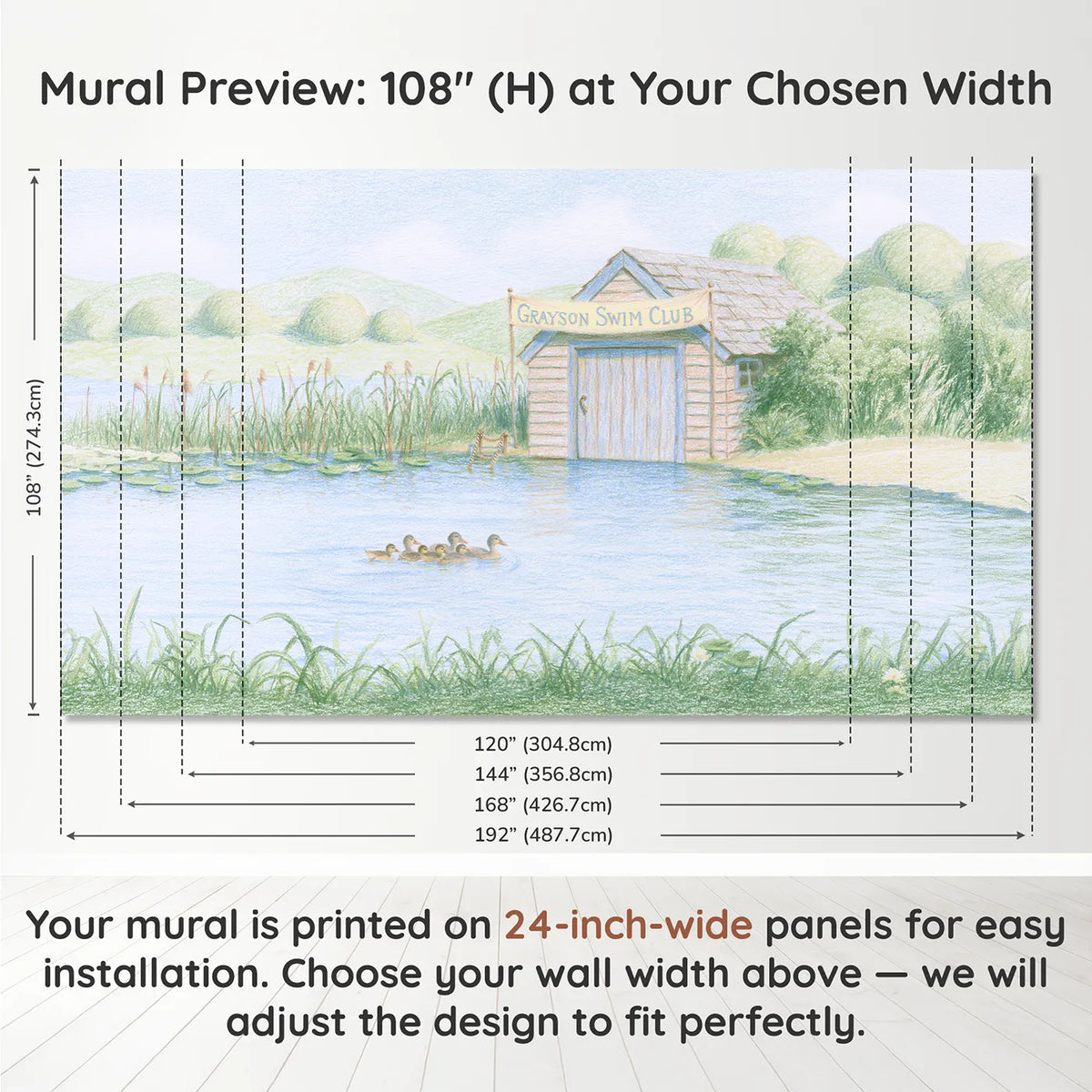 Panel layout and dimensions for Swim Club Ducklings Personalized Wall Mural by Whimsy Tots