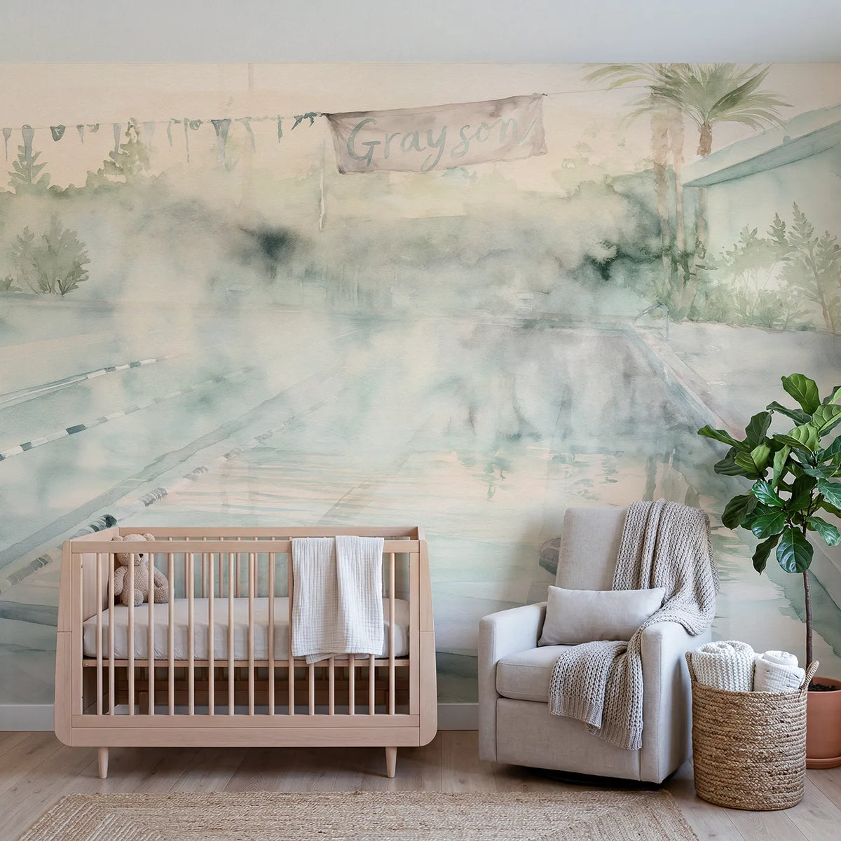 Watercolor still dawn pool personalized wall mural with brushed overhead pennant by Whimsy Tots