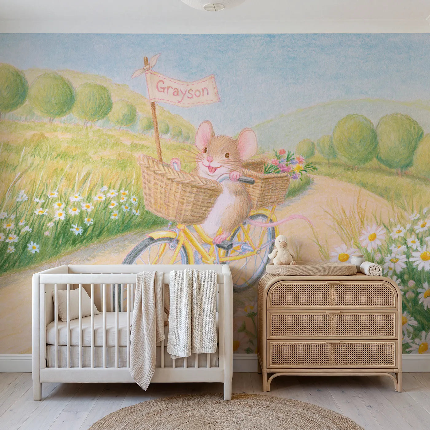 Colored pencil mouse bicycle lane personalized wall mural with drawn basket tag by Whimsy Tots