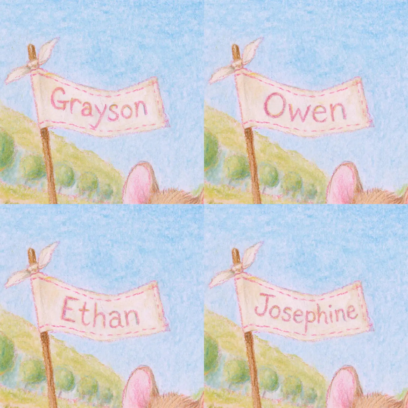 Four name preview examples of Bicycle Basket Tag Personalized Wall Mural by Whimsy Tots