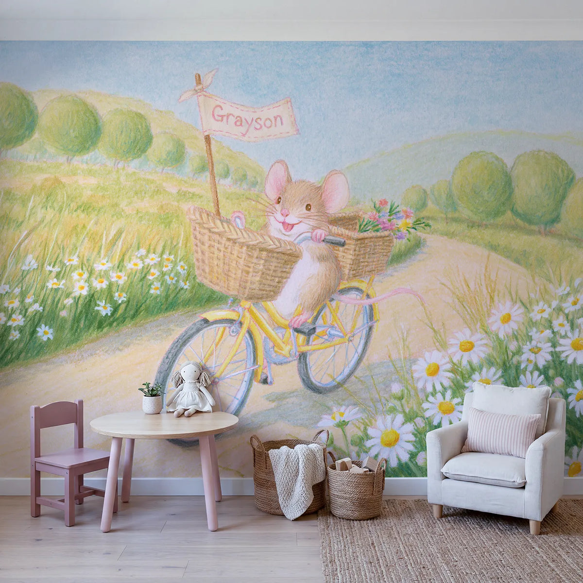 Bicycle Basket Tag Personalized Wall Mural in playroom setting by Whimsy Tots