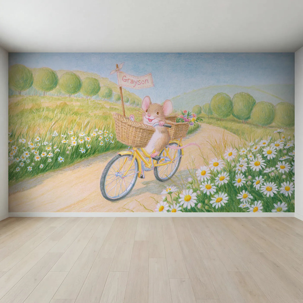 Full view of Bicycle Basket Tag Personalized Wall Mural by Whimsy Tots
