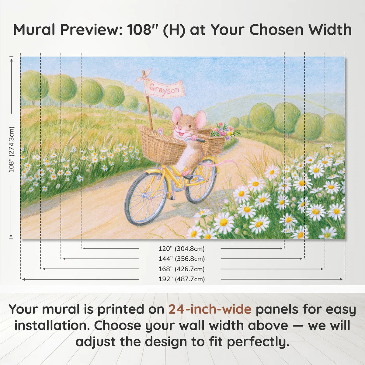 Panel layout and dimensions for Bicycle Basket Tag Personalized Wall Mural by Whimsy Tots