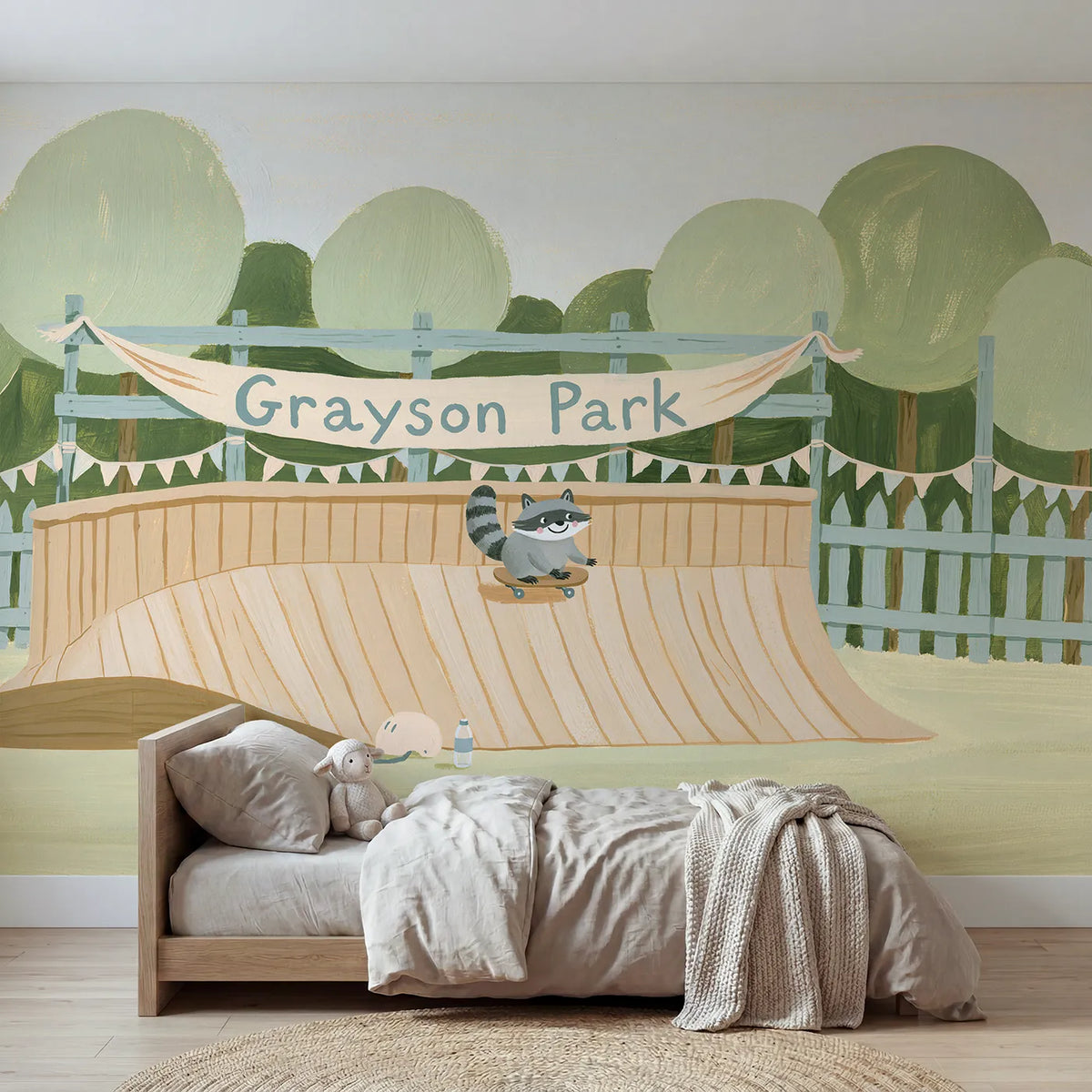 Modern illustration raccoon skate park personalized wall mural with painted ramp banner by Whimsy Tots