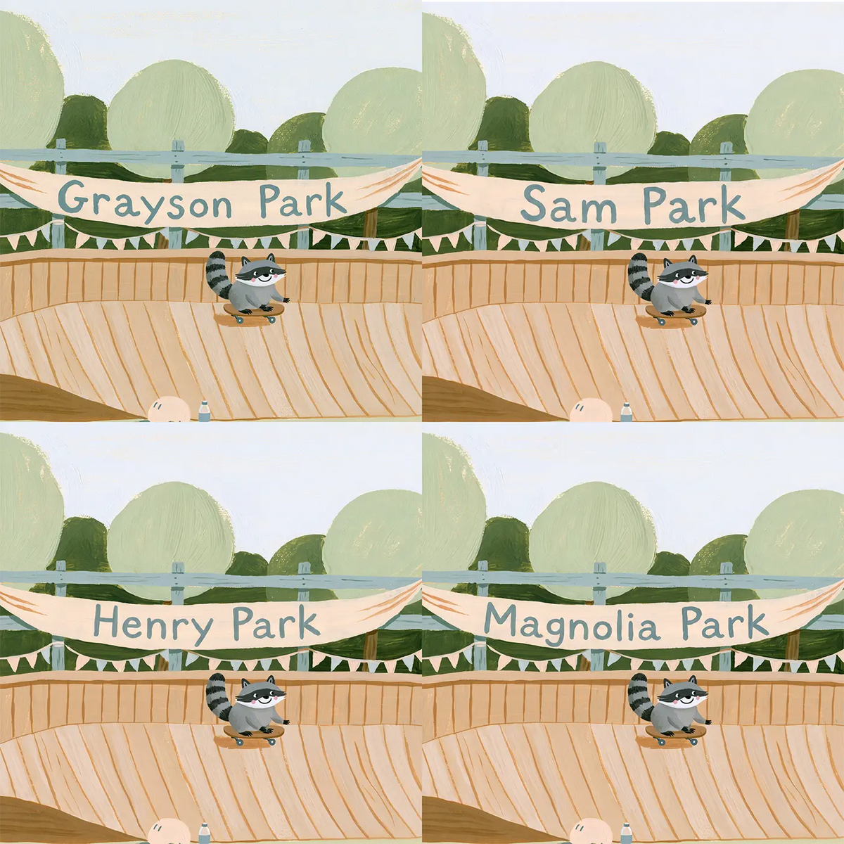 Four name preview examples of Skate Park Ramp Banner Personalized Wall Mural by Whimsy Tots