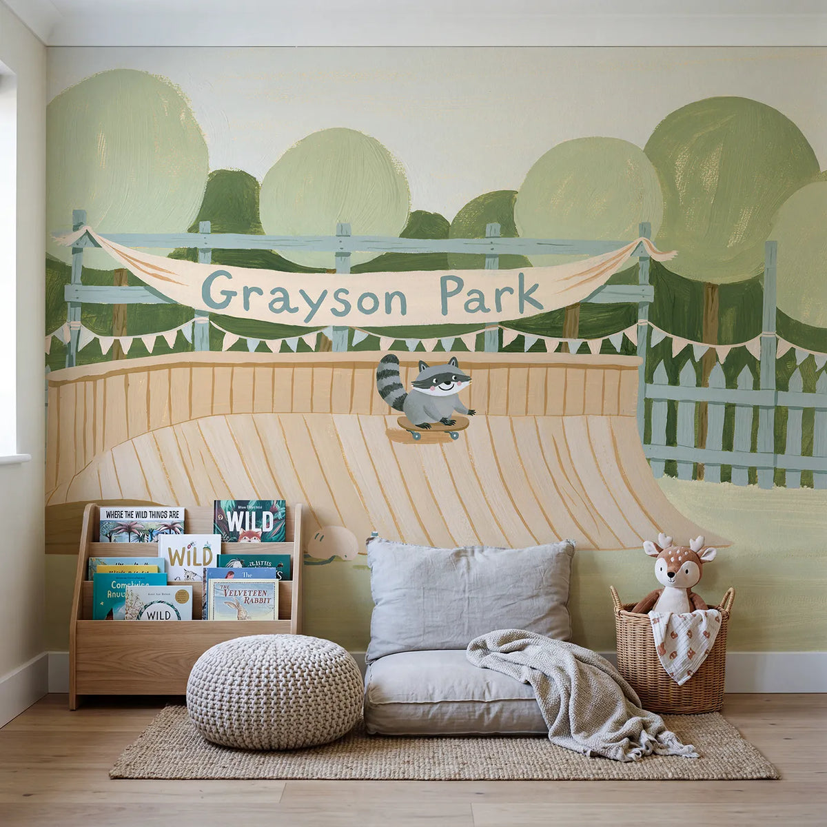 Skate Park Ramp Banner Personalized Wall Mural in playroom setting by Whimsy Tots