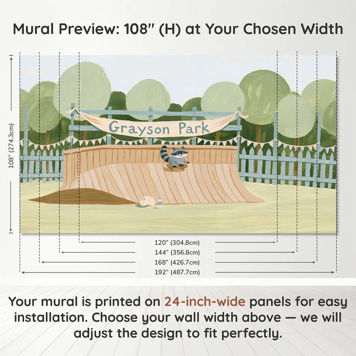 Panel layout and dimensions for Skate Park Ramp Banner Personalized Wall Mural by Whimsy Tots