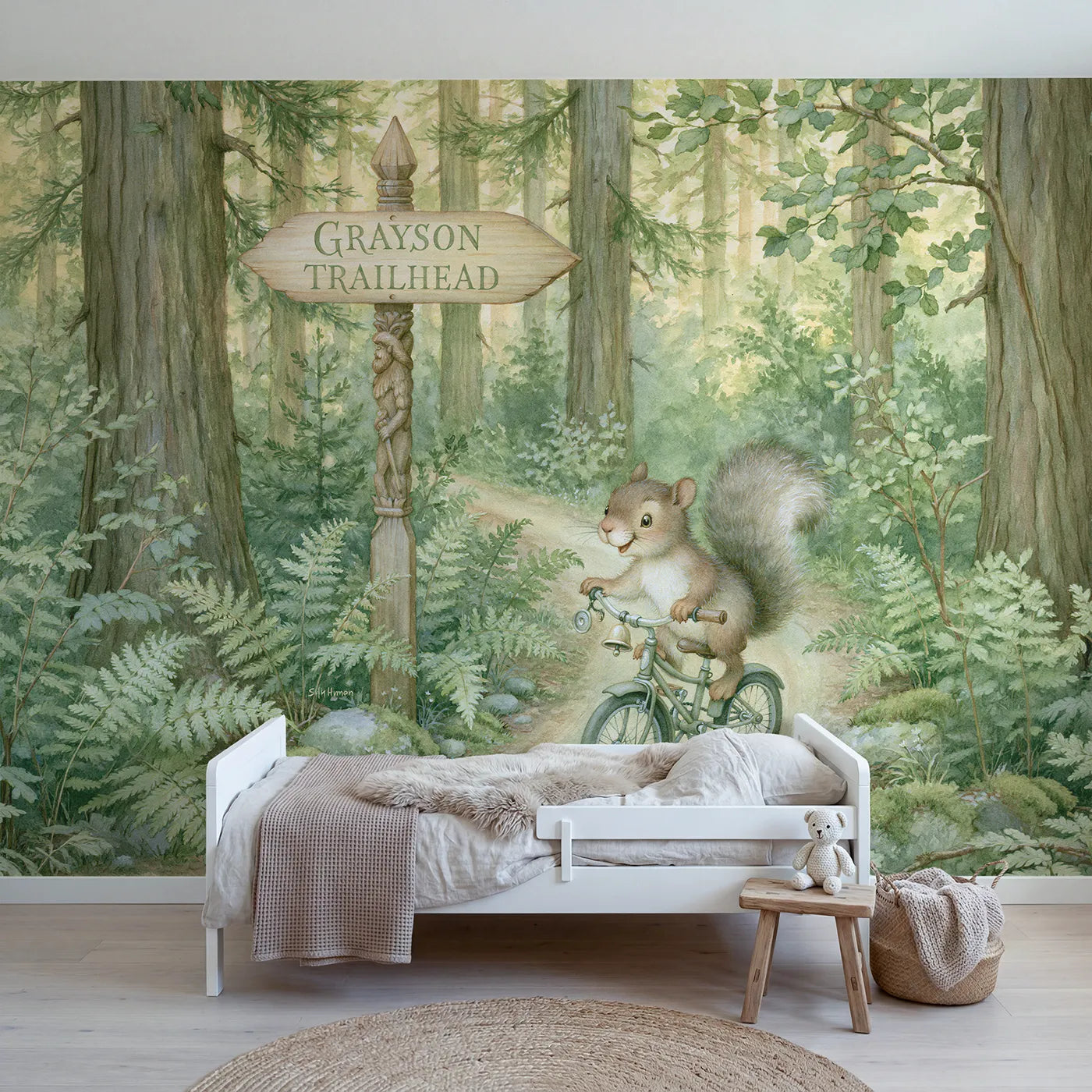 Storybook squirrel woodland trail personalized wall mural with carved lettered signpost by Whimsy Tots