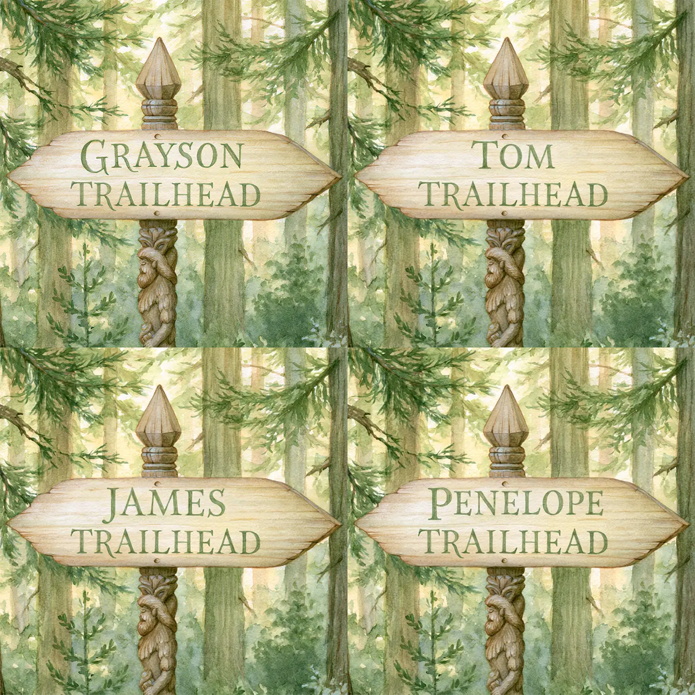 Four name preview examples of Bike Trail Signpost Personalized Wall Mural by Whimsy Tots