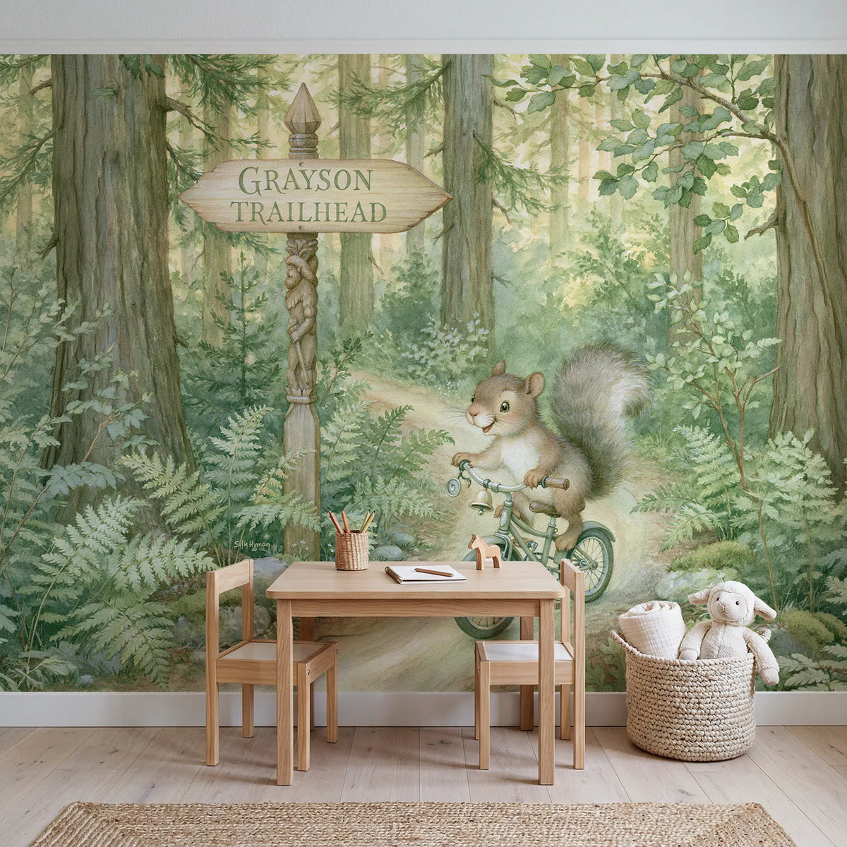 Bike Trail Signpost Personalized Wall Mural in playroom setting by Whimsy Tots