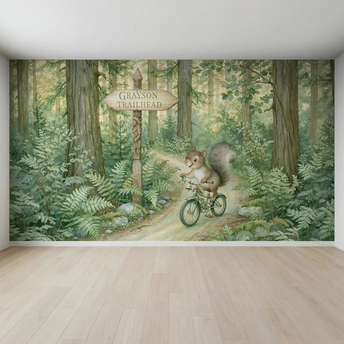 Full view of Bike Trail Signpost Personalized Wall Mural by Whimsy Tots