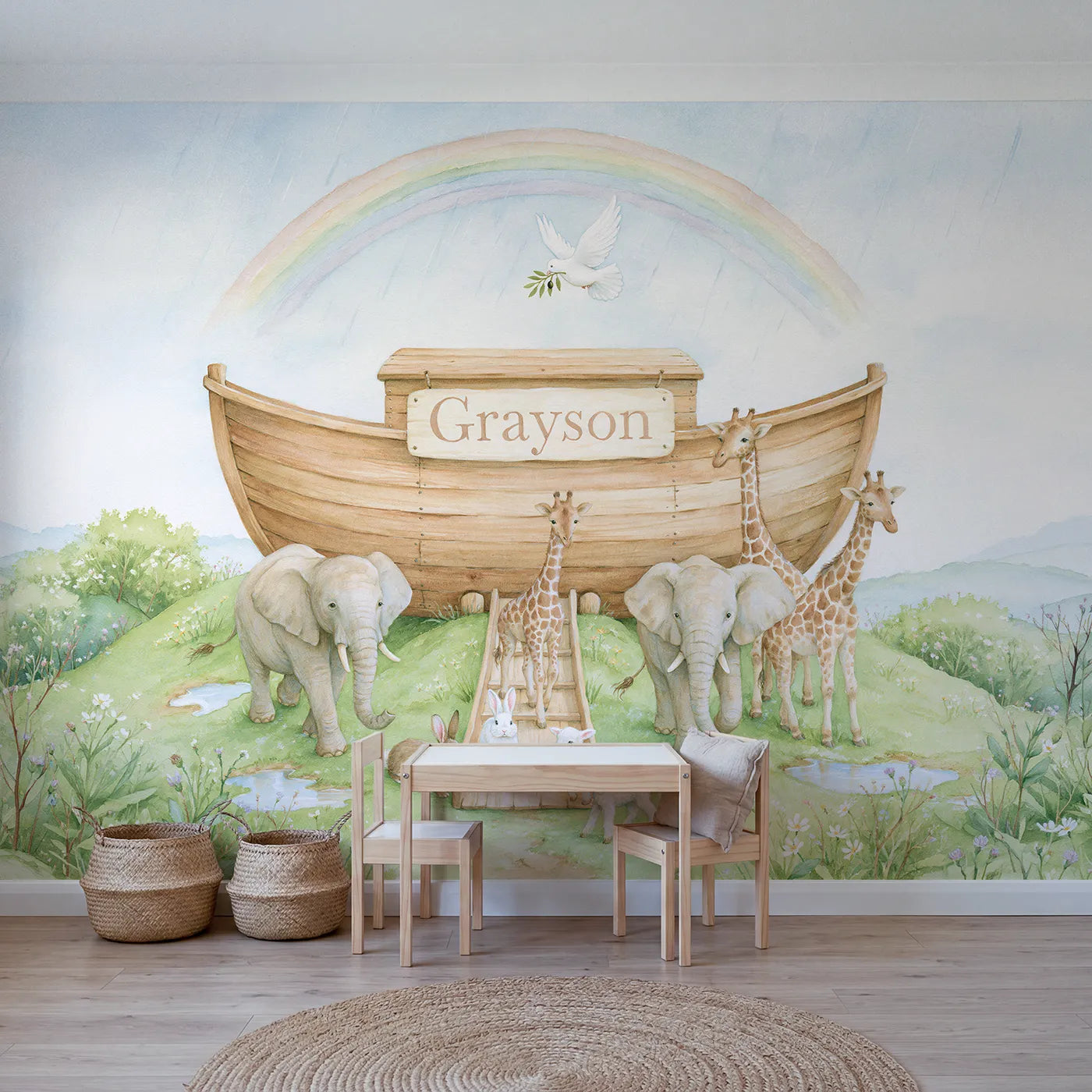 Storybook Noahs ark rainbow personalized wall mural with lettered hull nameboard by Whimsy Tots