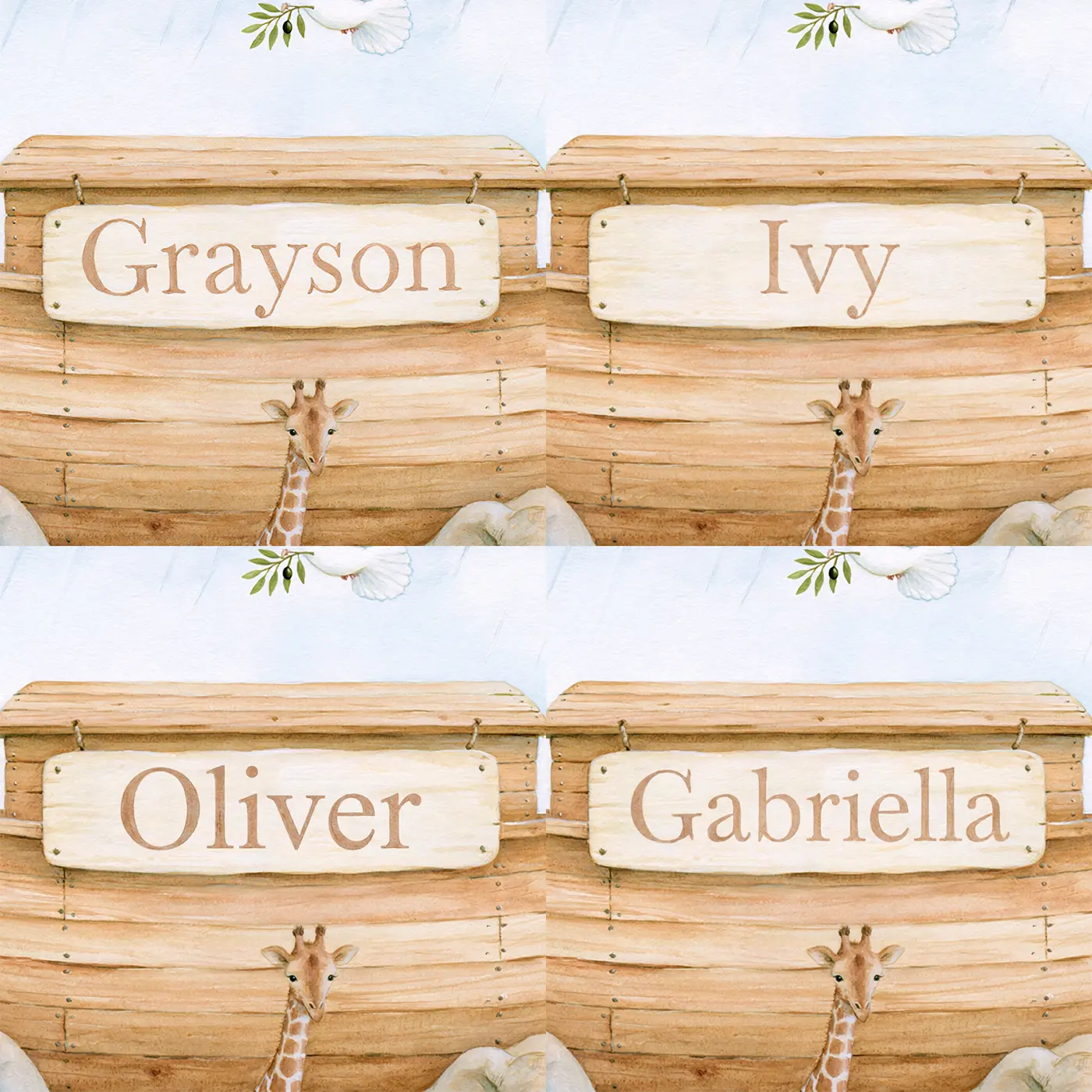 Four name preview examples of Noahs Ark Rainbow Personalized Wall Mural by Whimsy Tots