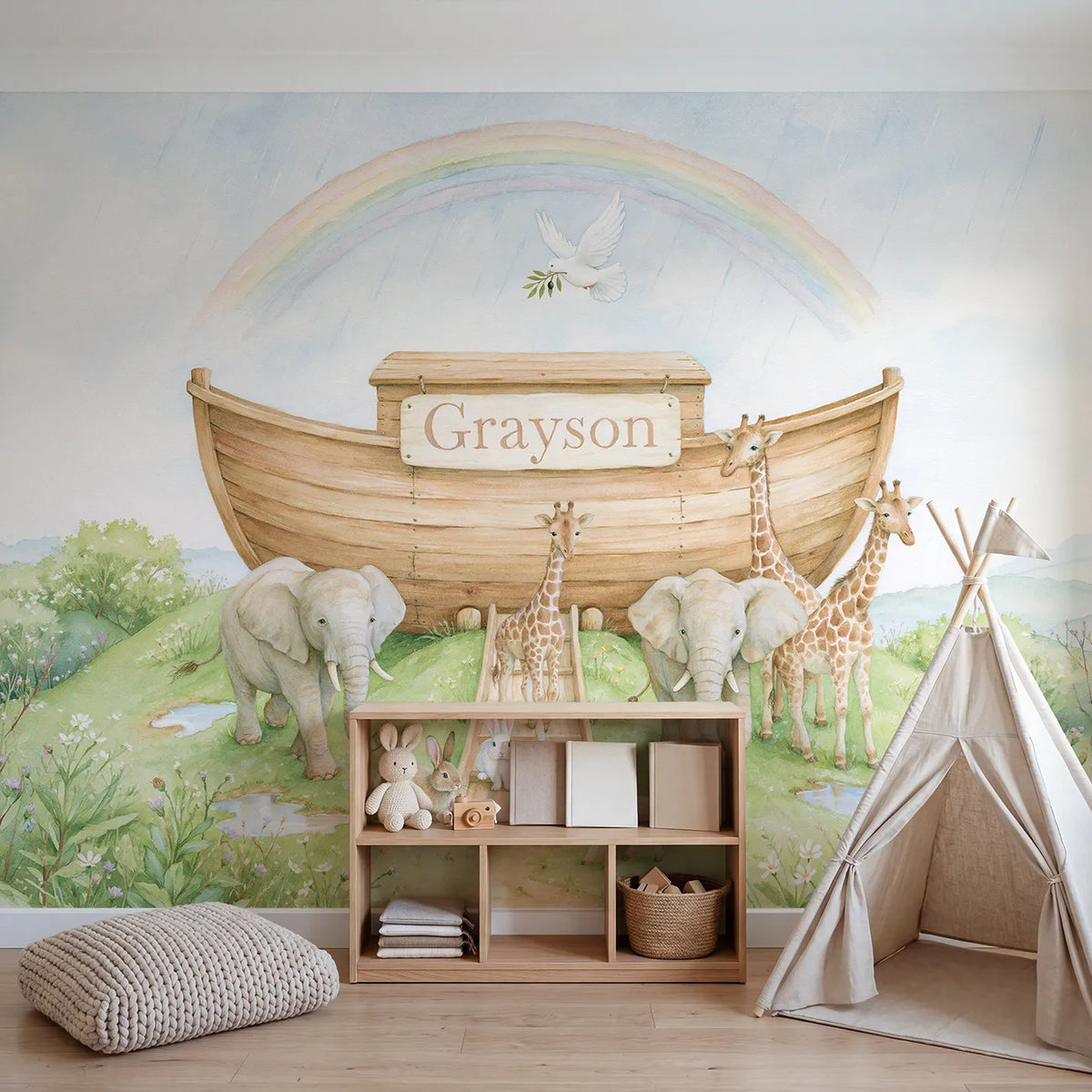 Noahs Ark Rainbow Personalized Wall Mural in playroom setting by Whimsy Tots