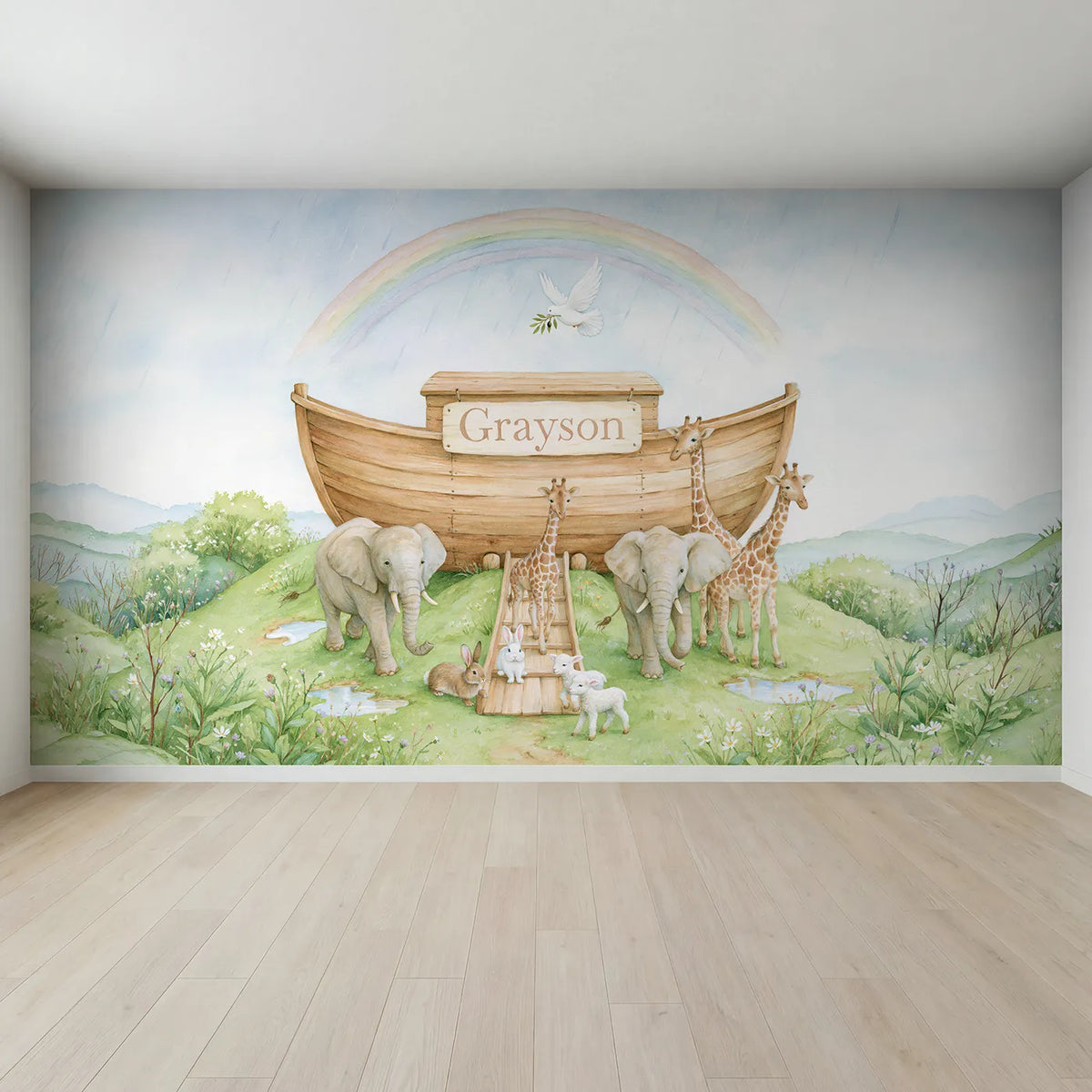 Full view of Noahs Ark Rainbow Personalized Wall Mural by Whimsy Tots