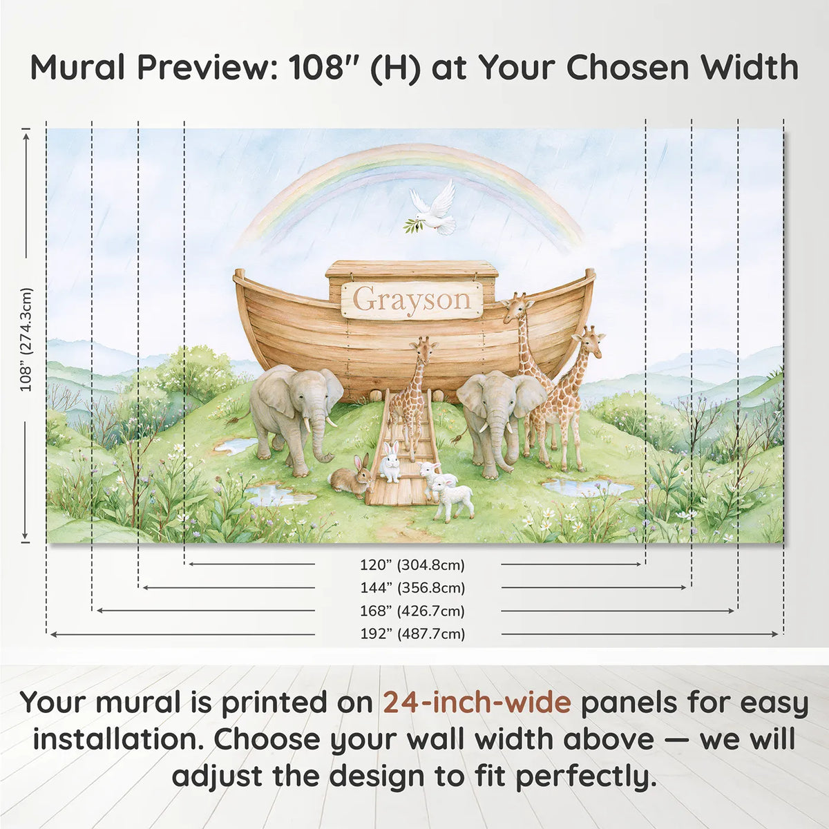 Panel layout and dimensions for Noahs Ark Rainbow Personalized Wall Mural by Whimsy Tots