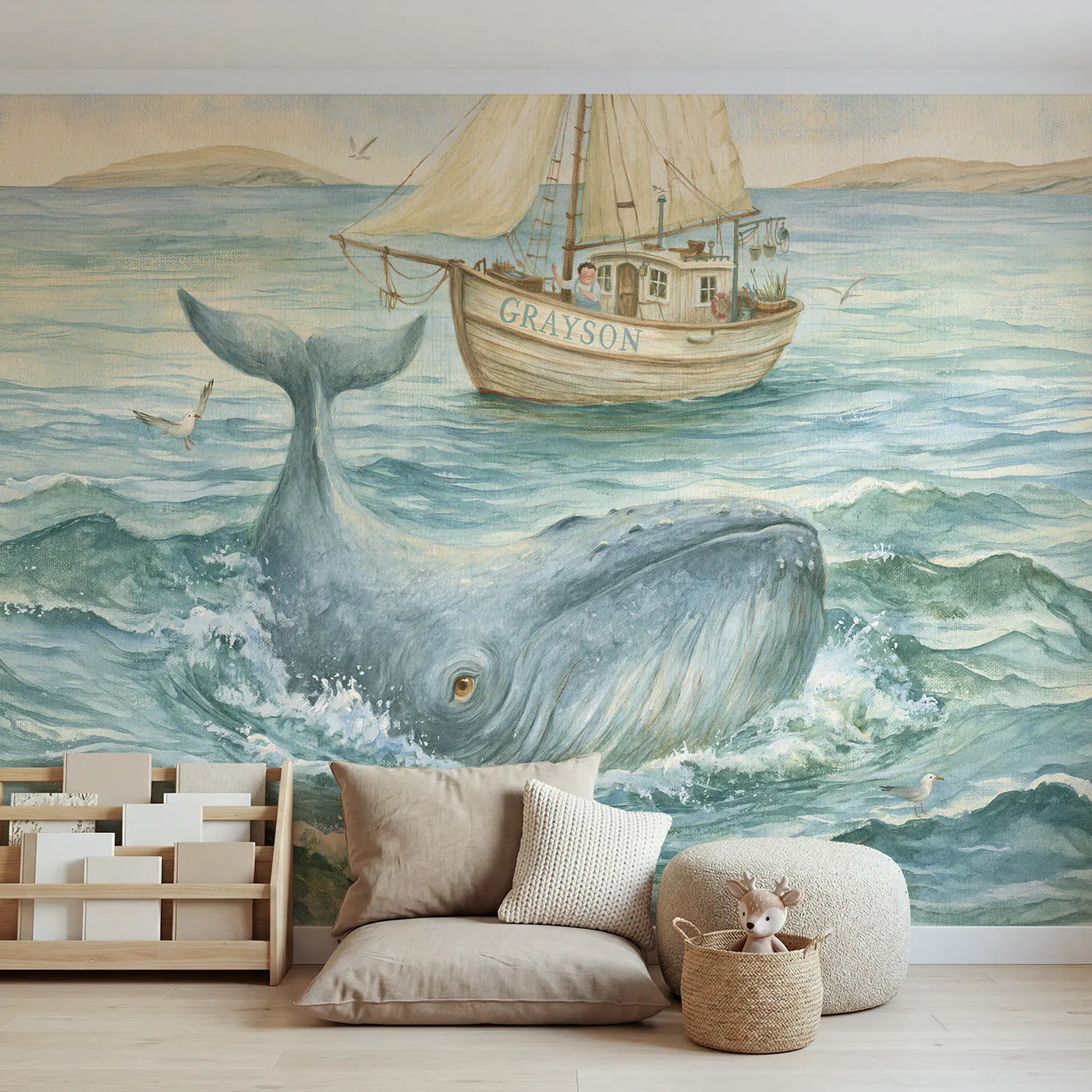 Storybook gentle whale and boat personalized wall mural with lettered bow nameplate by Whimsy Tots