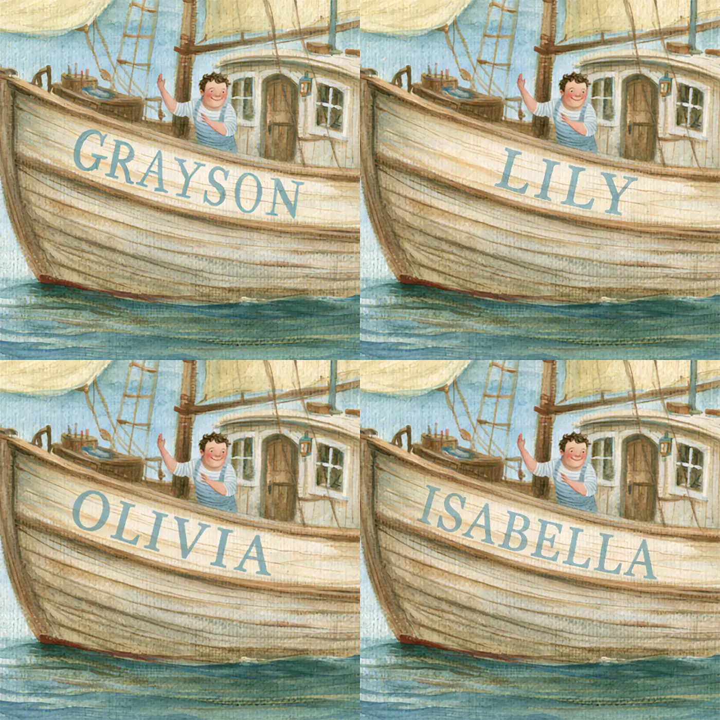 Four name preview examples of Jonah and the Gentle Whale Personalized Wall Mural by Whimsy Tots