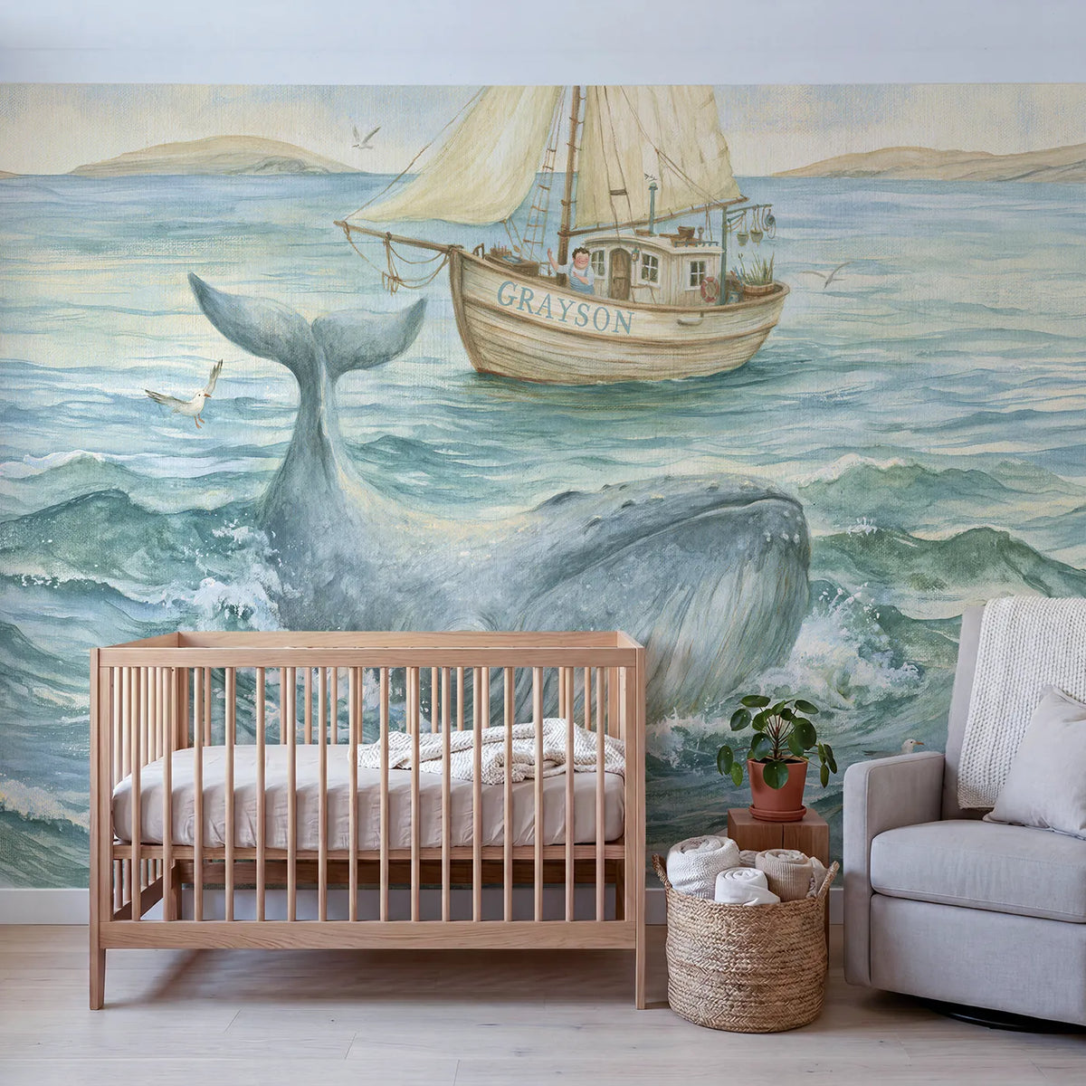 Jonah and the Gentle Whale Personalized Wall Mural in playroom setting by Whimsy Tots