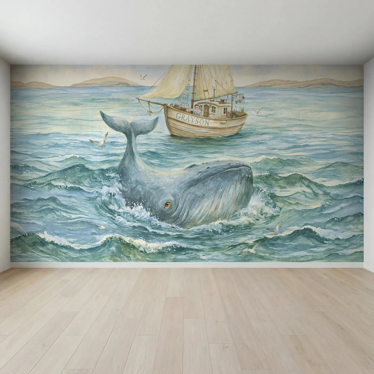 Full view of Jonah and the Gentle Whale Personalized Wall Mural by Whimsy Tots